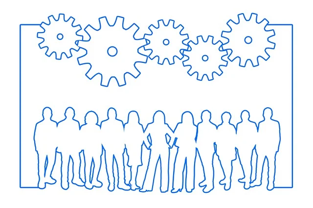 Illustration d'un groupe de personnes et des rouages